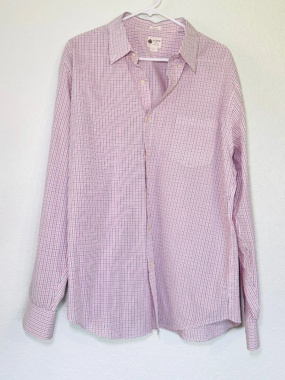 J Crew Dress Shirt Mens XL Tailored Fit Red White Blue Plaid 100% Cotton Classic